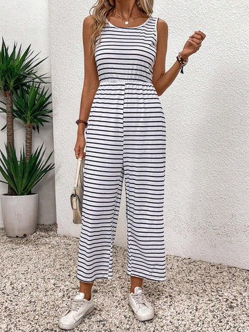 Summer Casual Striped Jumpsuit With Backless Design For Ladies