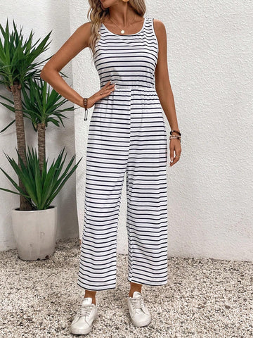 Summer Casual Striped Jumpsuit With Backless Design For Ladies
