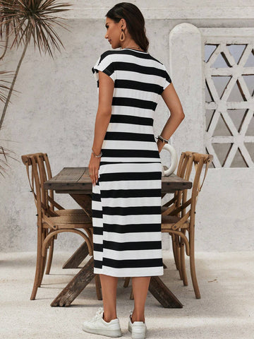 Summer Casual Striped Knitted Two Piece Set For Going Out