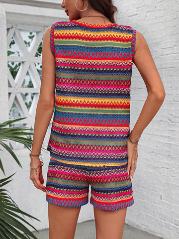 Summer Casual Striped Round Neck Vest And Slanted-Pocket Shorts 2-Piece Set