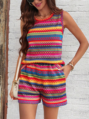 Summer Casual Striped Round Neck Vest And Slanted-Pocket Shorts 2-Piece Set