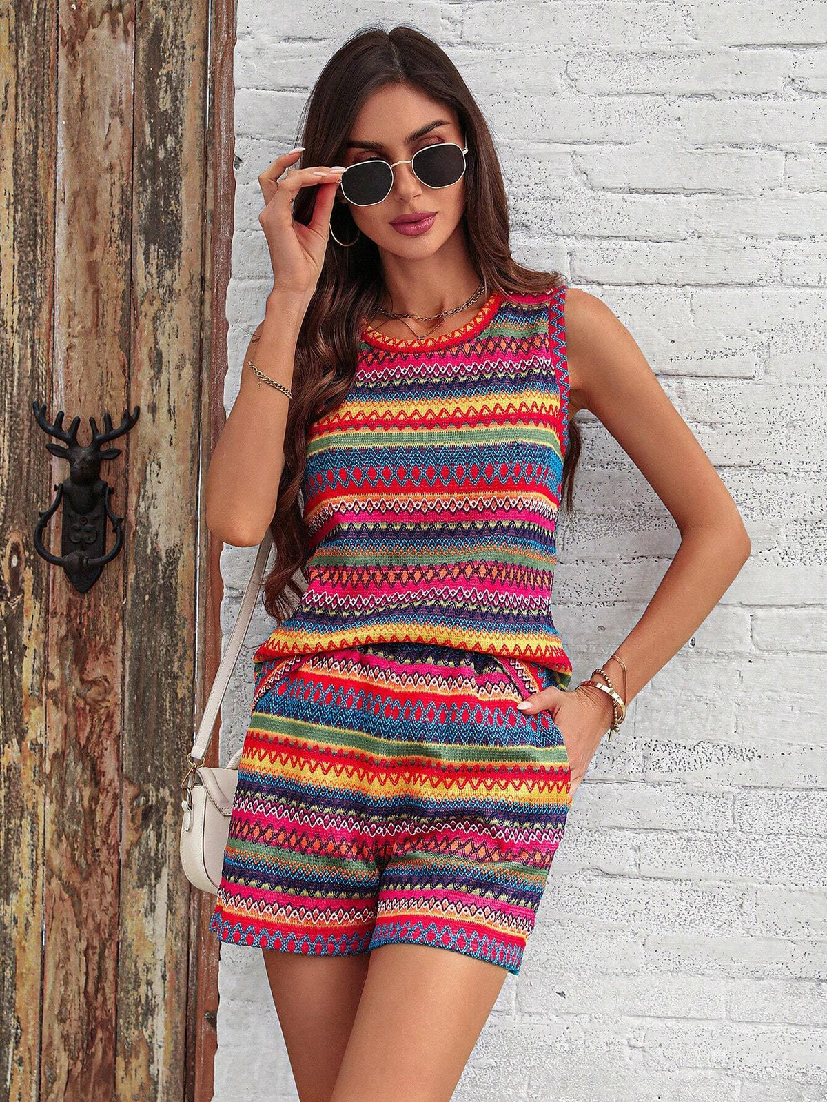 Summer Casual Striped Round Neck Vest And Slanted-Pocket Shorts 2-Piece Set