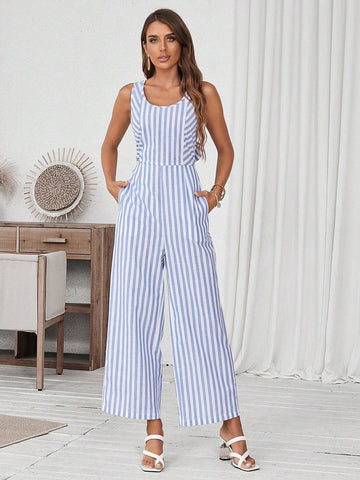 Summer Casual Striped & Printed Jumpsuit, With Optional Bow Tie Belt