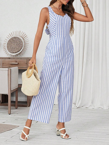 Summer Casual Striped & Printed Jumpsuit, With Optional Bow Tie Belt