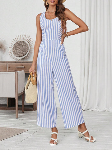 Summer Casual Striped & Printed Jumpsuit, With Optional Bow Tie Belt