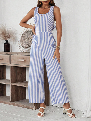 Summer Casual Striped & Printed Jumpsuit, With Optional Bow Tie Belt