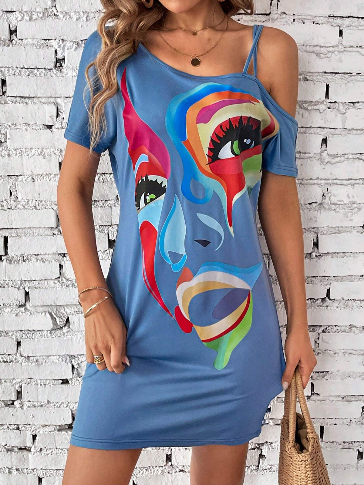 Summer Cold Shoulder Colorful Face Pattern Casual Holiday Short Sleeve Dress With Thin Straps