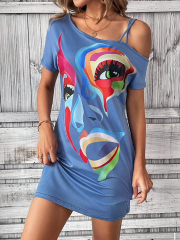 Summer Cold Shoulder Colorful Face Pattern Casual Holiday Short Sleeve Dress With Thin Straps