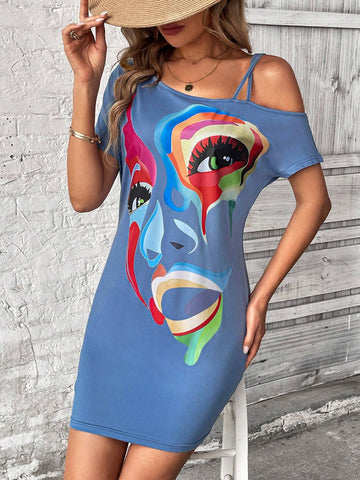Summer Cold Shoulder Colorful Face Pattern Casual Holiday Short Sleeve Dress With Thin Straps