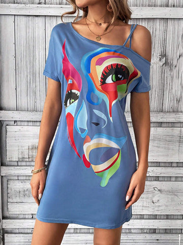 Summer Cold Shoulder Colorful Face Pattern Casual Holiday Short Sleeve Dress With Thin Straps