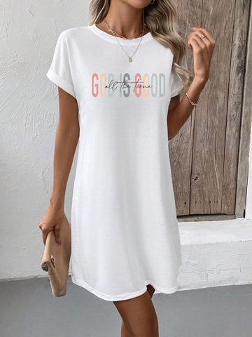 Summer Creative English Slogan Print Round Neck Short Sleeve Casual Dress