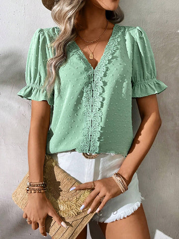 LUNE Summer Fashion Casual V-Neck Lace Trim Puff Sleeve Shirt