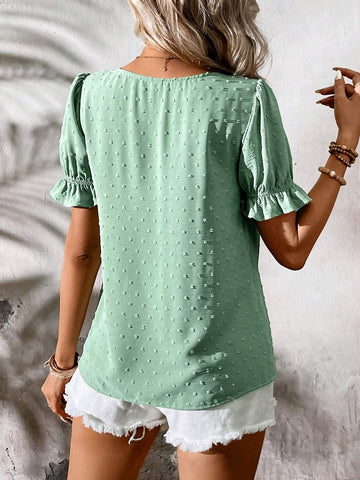 LUNE Summer Fashion Casual V-Neck Lace Trim Puff Sleeve Shirt