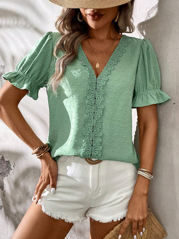 LUNE Summer Fashion Casual V-Neck Lace Trim Puff Sleeve Shirt