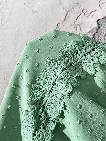 LUNE Summer Fashion Casual V-Neck Lace Trim Puff Sleeve Shirt