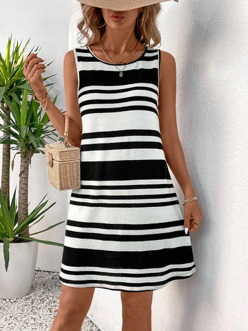 Summer Fashionable Comfortable Black & White Striped Sleeveless Knitted Short Waist Dress