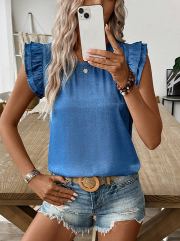 LUNE Summer H-Shaped Double-Layered Short-Sleeved Solid Color Denim Shirt