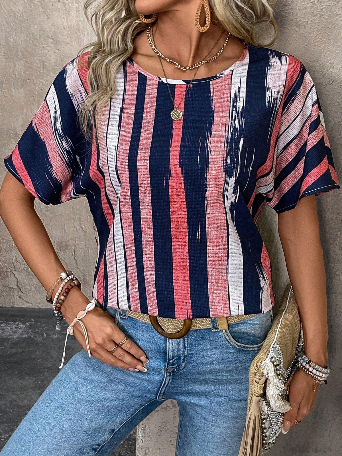 LUNE Summer Holiday Casual Striped Colorblock Batwing Sleeve Shirt