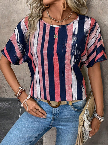 LUNE Summer Holiday Casual Striped Colorblock Batwing Sleeve Shirt