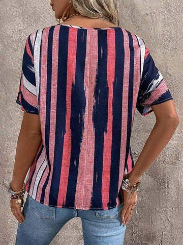 LUNE Summer Holiday Casual Striped Colorblock Batwing Sleeve Shirt