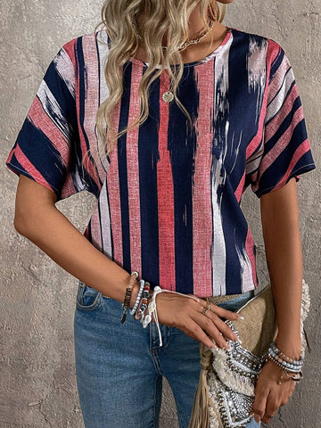 LUNE Summer Holiday Casual Striped Colorblock Batwing Sleeve Shirt
