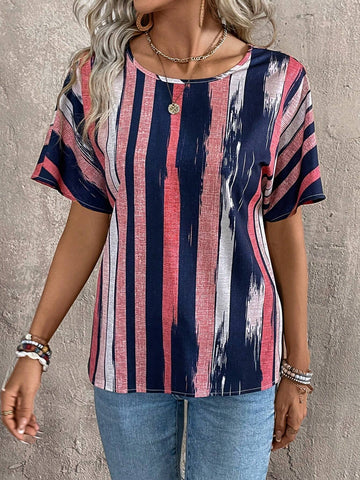 LUNE Summer Holiday Casual Striped Colorblock Batwing Sleeve Shirt