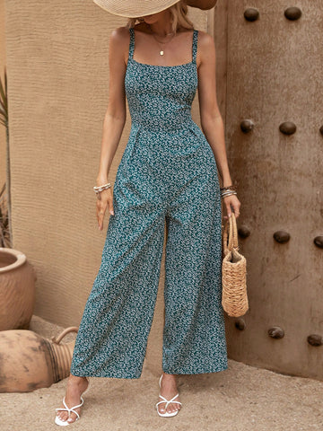 Summer Holiday Green Full Printed Plant Pattern Spaghetti Strap Jumpsuit