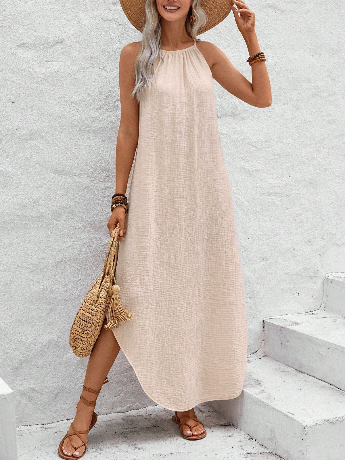 Summer Irregular Asymmetrical Hem Halter Neck Sleeveless A-Line Dress With Folded Collar & Split