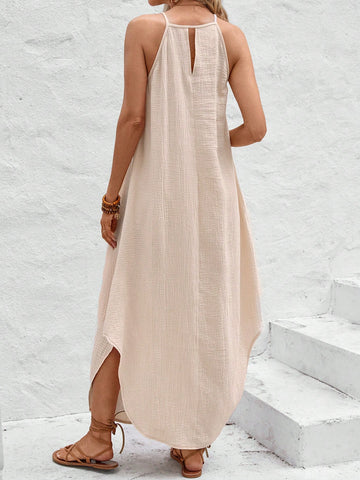 Summer Irregular Asymmetrical Hem Halter Neck Sleeveless A-Line Dress With Folded Collar & Split