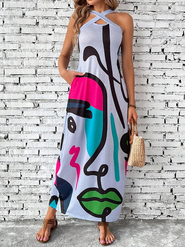 Summer Ladies' Crisscross Halter Neck Side Pocket Abstract Printed Casual Holiday Maxi Dress