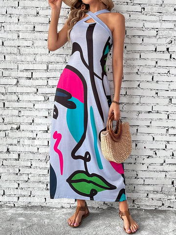 Summer Ladies' Crisscross Halter Neck Side Pocket Abstract Printed Casual Holiday Maxi Dress
