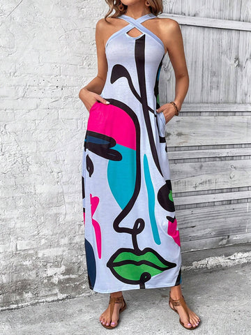 Summer Ladies' Crisscross Halter Neck Side Pocket Abstract Printed Casual Holiday Maxi Dress