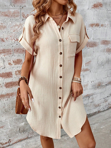 Summer Ladies' Lapel Plaid Buttoned Shirt Dress With Sleeve Straps, Drop Shoulder Half Sleeves,