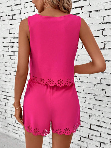 Summer Ladies Solid Color Round Neck Hollow Out Sleeveless Top With Elastic Waistband Pocket Shorts Casual Suit