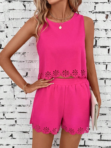 Summer Ladies Solid Color Round Neck Hollow Out Sleeveless Top With Elastic Waistband Pocket Shorts Casual Suit