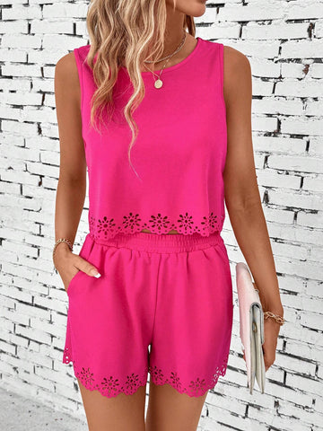 Summer Ladies Solid Color Round Neck Hollow Out Sleeveless Top With Elastic Waistband Pocket Shorts Casual Suit