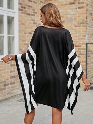 Summer Music Concert Black Striped Casual Loose Women's Dress For Sports And Leisure