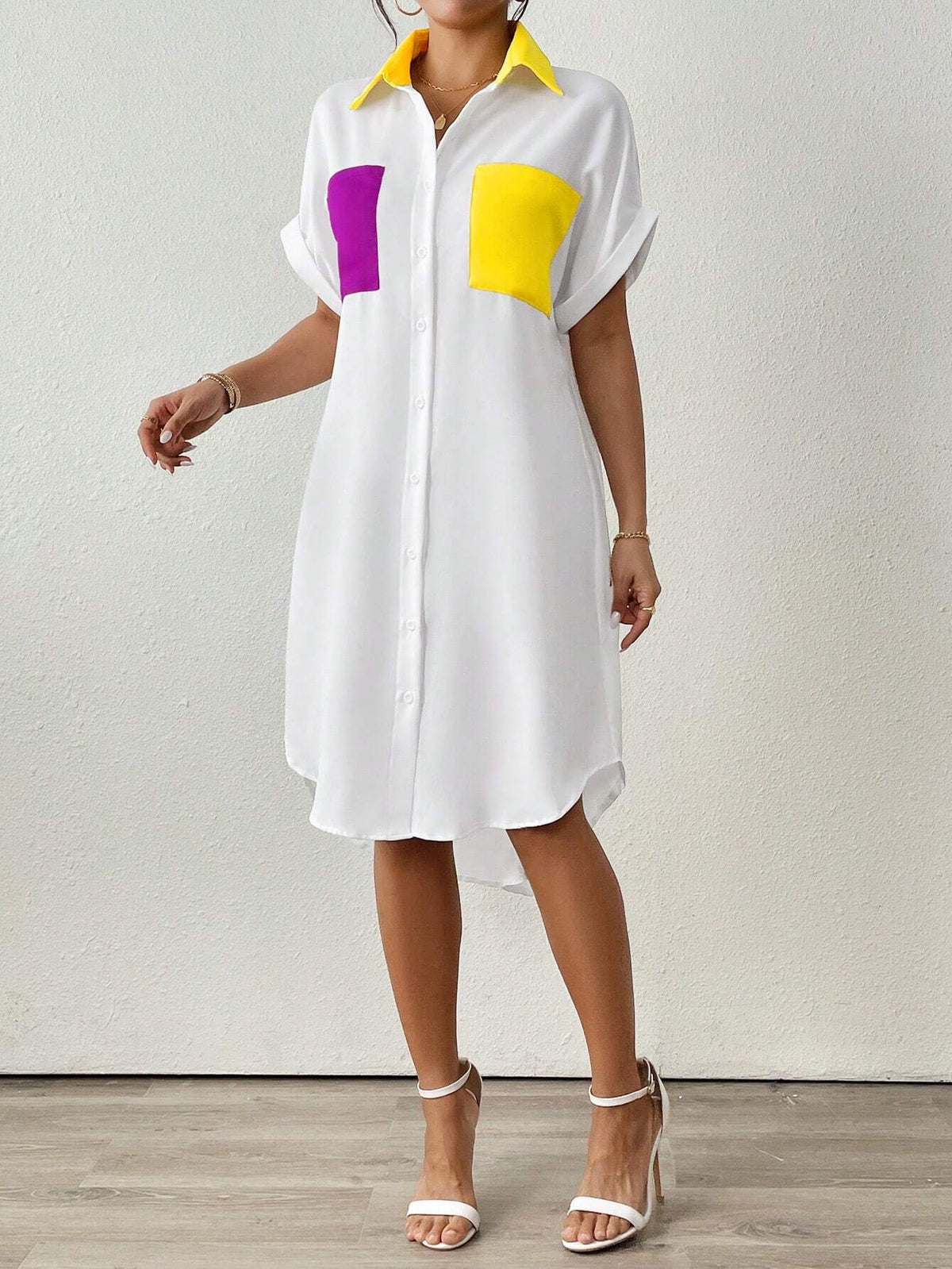 Summer Patchwork Shirt Collar Button Decorated Dress