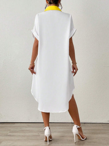 Summer Patchwork Shirt Collar Button Decorated Dress