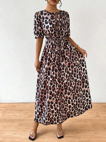 Summer Round Neck Short Sleeve Leopard Printed Waist Belted Dress