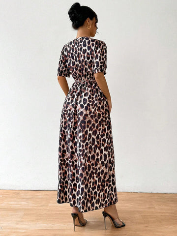 Summer Round Neck Short Sleeve Leopard Printed Waist Belted Dress
