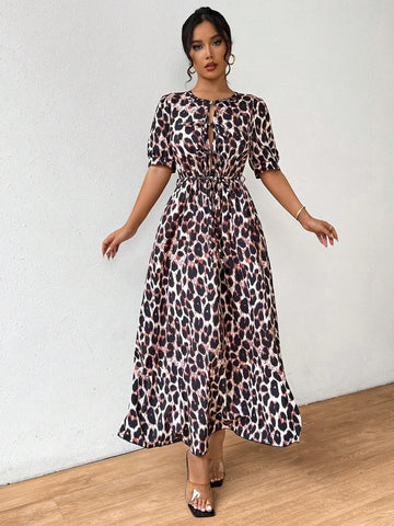 Summer Round Neck Short Sleeve Leopard Printed Waist Belted Dress