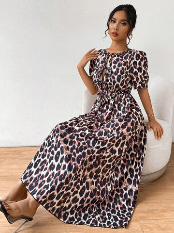 Summer Round Neck Short Sleeve Leopard Printed Waist Belted Dress