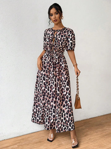 Summer Round Neck Short Sleeve Leopard Printed Waist Belted Dress
