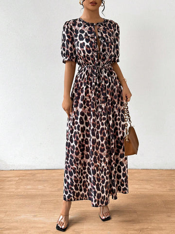 Summer Round Neck Short Sleeve Leopard Printed Waist Belted Dress