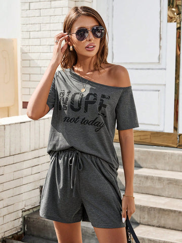 Summer Sleeveless Asymmetrical One Shoulder Printed T-Shirt And Elastic Waist Shorts, Casual Sports Comfortable Set