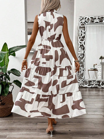 Summer Sleeveless Full Allover Print Dress With Notched Collar And Ruffled Hemline