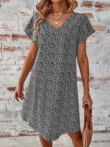 Summer Small Floral Print V-Neck Dress