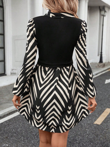 Summer Stand Collar Lantern Sleeve Knitted Color Block Geometric Print Casual Dress For Vacation A