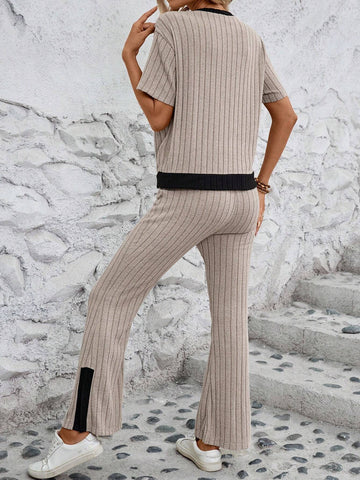 Summer To Fall Apricot Colored Fleece-Lined Knitted Stripe Patterned Comfortable Simple Casual Long Pants And T-Shirt For Women, 2pcs/Set